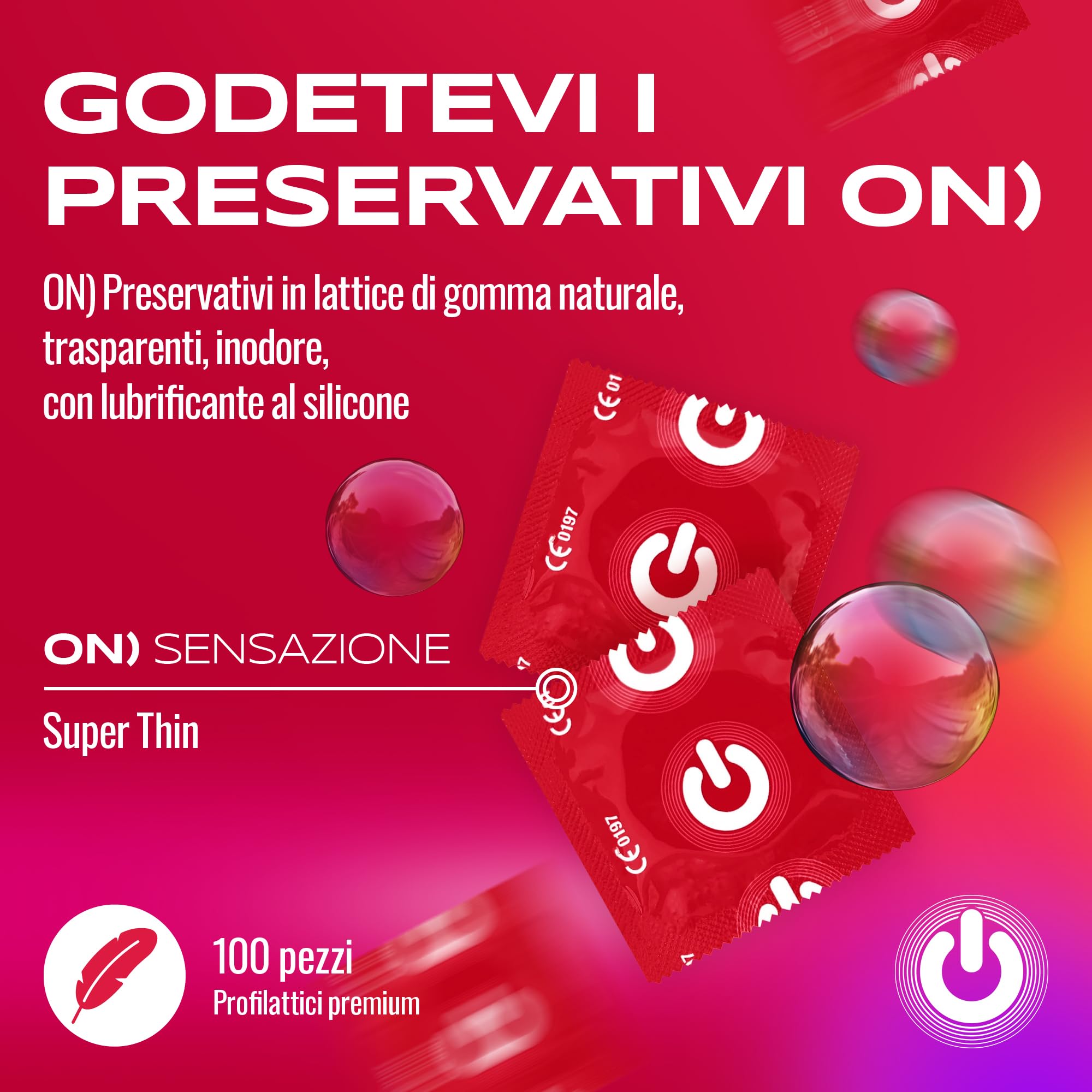 ON) Preservativi Super Sottili | 54 mm di larghezza | Pacco da 100 pezzi | premium ultra sottili | Spessore parete extra sottile 0,055 mm | per Uomini