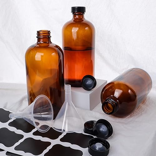Miniatura 7 de HWASHIN Paquete de 12 botellas redondas de vidrio ámbar Boston de 16 onzas con tapas negras para fermentación secundaria de kombucha y productos