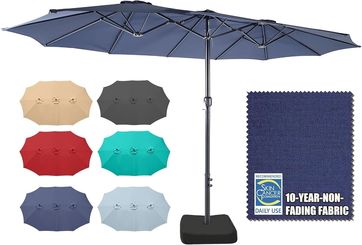 15ft Patio Umbrella with Base, 10-Year-No-Fade Large Outdoor Double-Sided Market Umbrella with UPF50+Terylene Polyester Fabric and Crank for Poolside Garden Deck Backyard Beach Pools