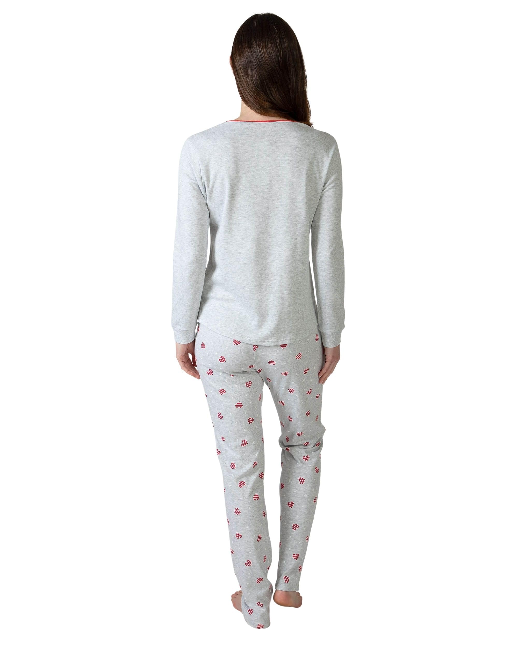 MASSANA Pijama de Invierno para Mujer P751206, Conjunto de Manga Larga con Estampado de Corazones, Gris y Rojo, 50% Algodón 50% Poliéster