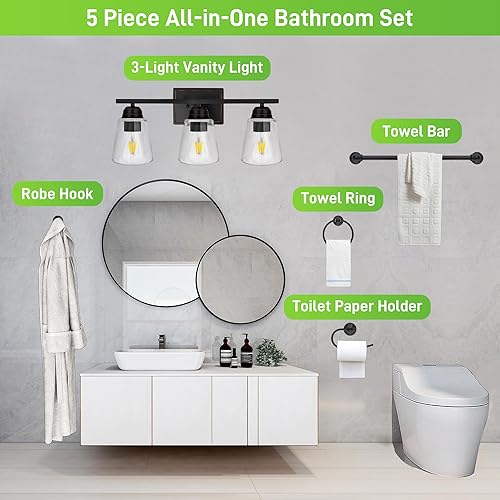 Miniatura 4 de hykolity Lámpara de tocador de 3 luces, juego de baño todo en uno de 5 piezas con toallero, anillo, gancho para bata y portarrollos de papel