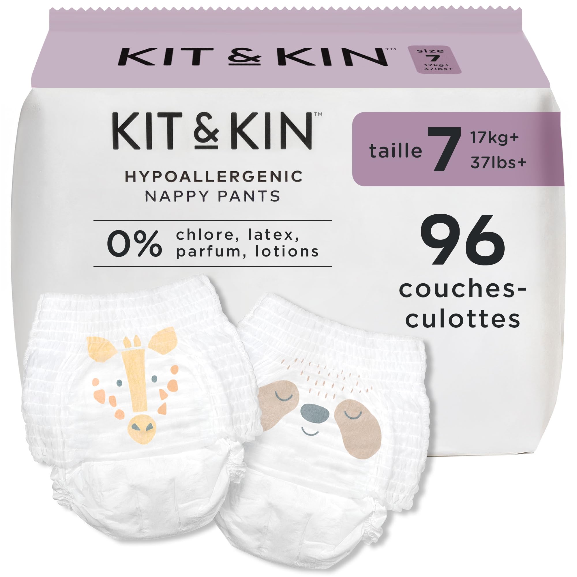 Kit & Kin Couches Culottes Taille 7 (17+ kg), 96 Pièces, Couche Pants Hypoallergéniques à Base de Plantes, Protection Anti-Fuites Supérieure Jusqu'à 12h, Vegan & Sans Cruauté