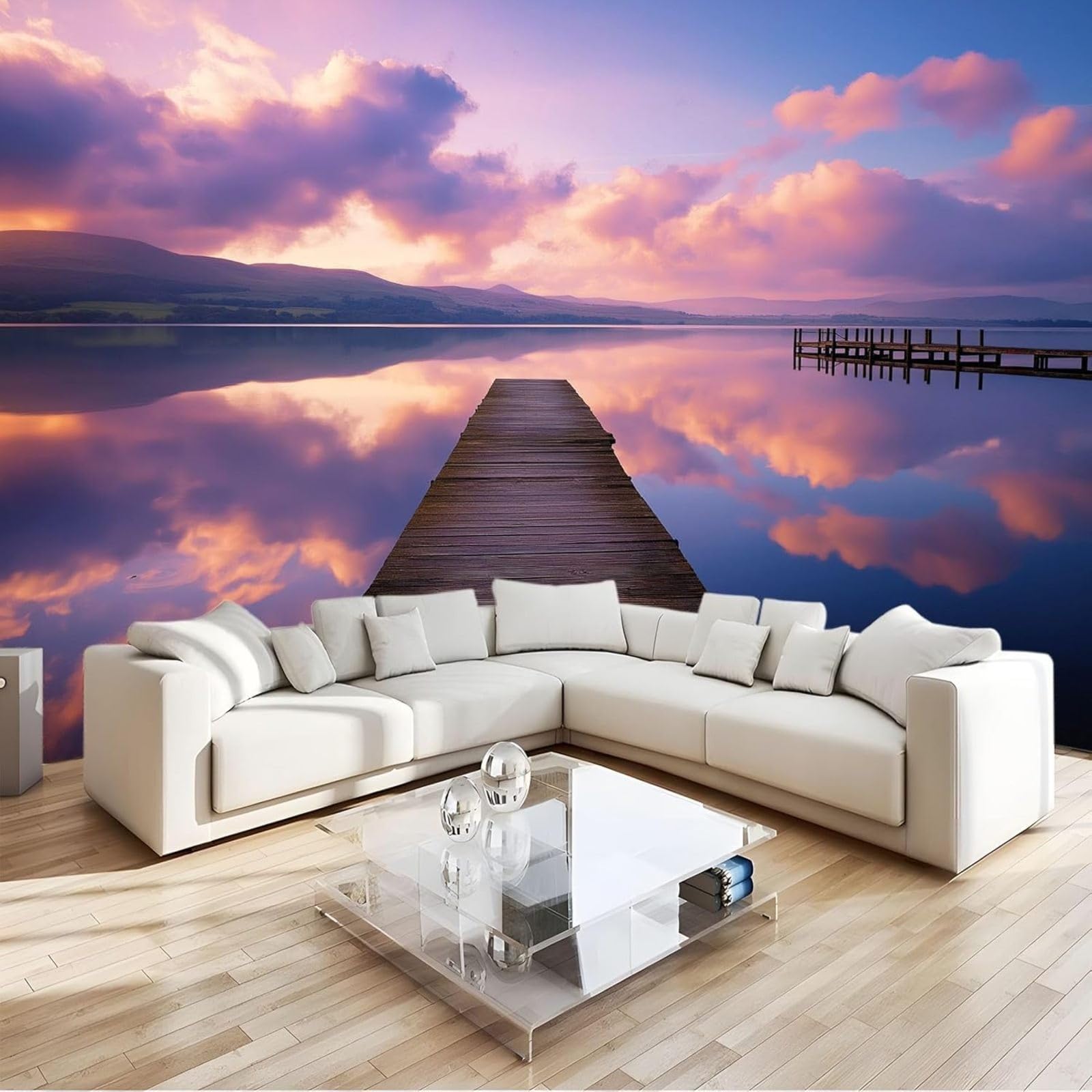 hgjdjhnf Nature Photo Wallpaper Lake Wooden Bridge Decorative Pattern Pink 250 cm x 175 cm