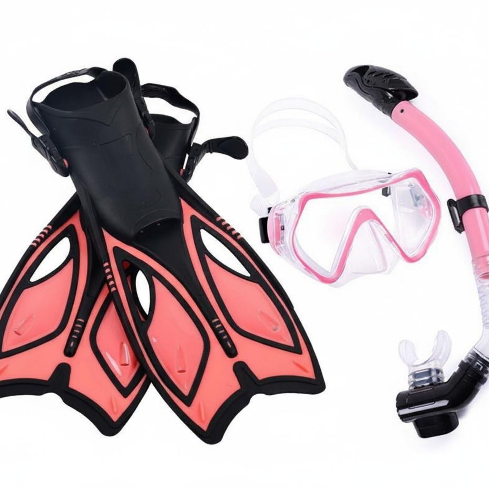 Milageto Tauchmaske Schnorchel Flossen Set Tauchausrüstung Tauchmaske Schnorchel Flossen mit Trockenem Top Ventil Und Verstellbaren Riemen für Urlaub Wassersport Familienausflug, Rosa, S