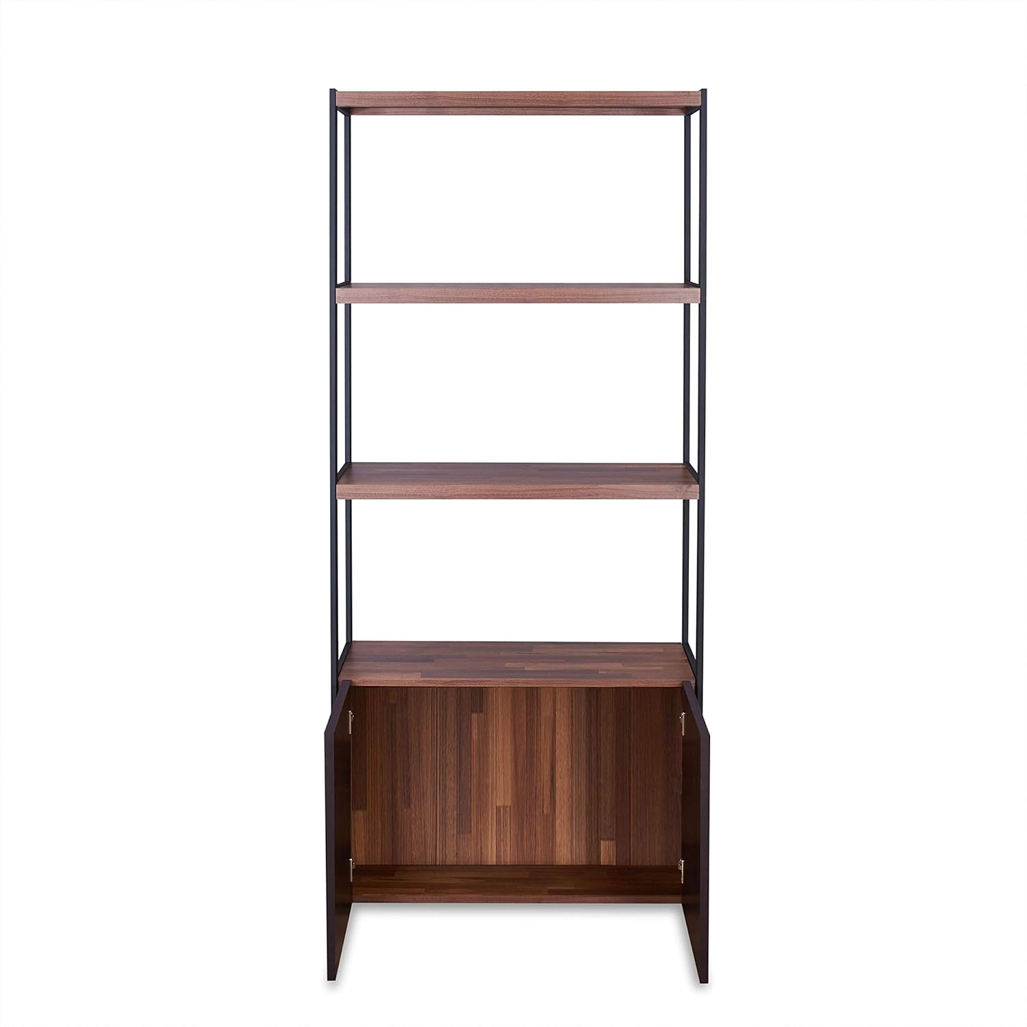 Modern Black Wood Bookcase with Faux Leather Doors, 32"x70"