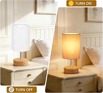 Touch Control Table Lamp, Dimmable Touch Control Bedside Lamp Small Table Lamp with Wood Grain Base ＆ Linen Fabric Shade for Bedroom,Living Room,Children's Room,Bulb Included [Energy Class F]