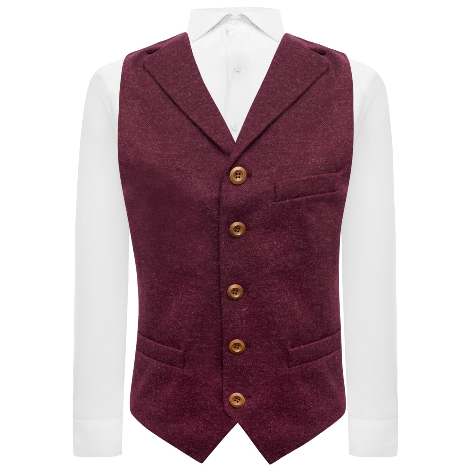 King & Priory Burgundy Donegal Tweed Waistcoat with Lapel - L