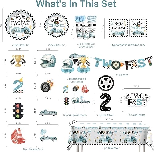 Vista 2 de Juego de vajilla de decoración de cumpleaños Two Fast de 187 piezas para servir a 25 invitados, decoraciones de cumpleaños 2 Fast incluye pancarta