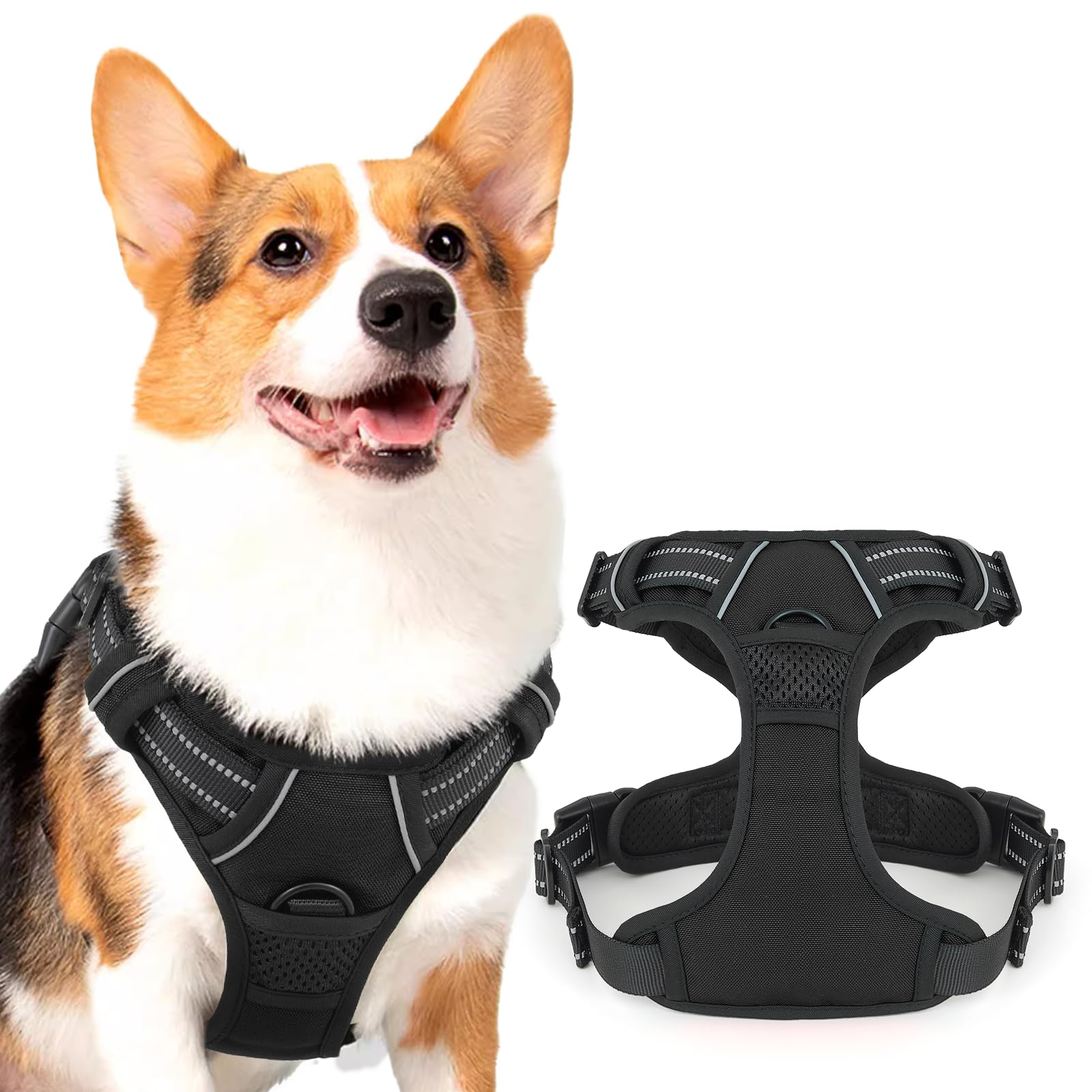 Magshion Dog Harness for Medium Dogs, No Pull Dog Vest Harness with Reflective Strips, Adjustable Soft Pet Harness with Easy Control Handle, Black, M
