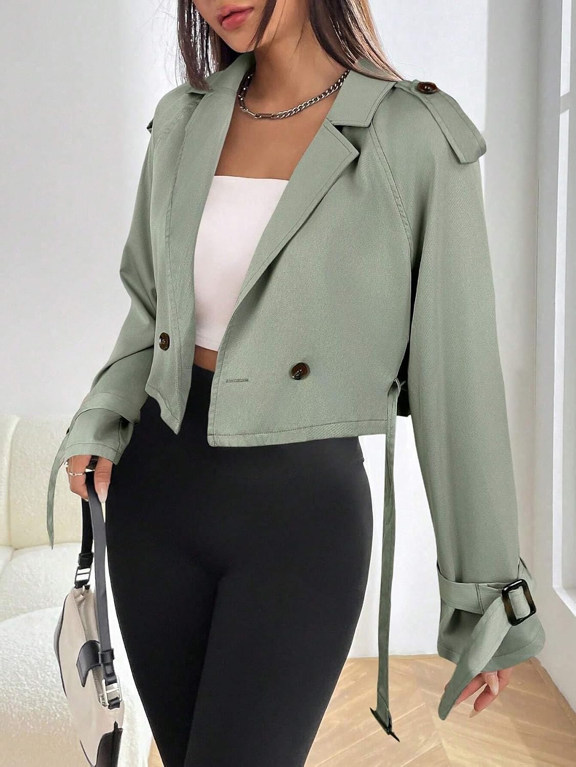 Womens Fashion Trench Outwear Casual Solid Color Short Long Sleeve Trench Coat Jacket Coat