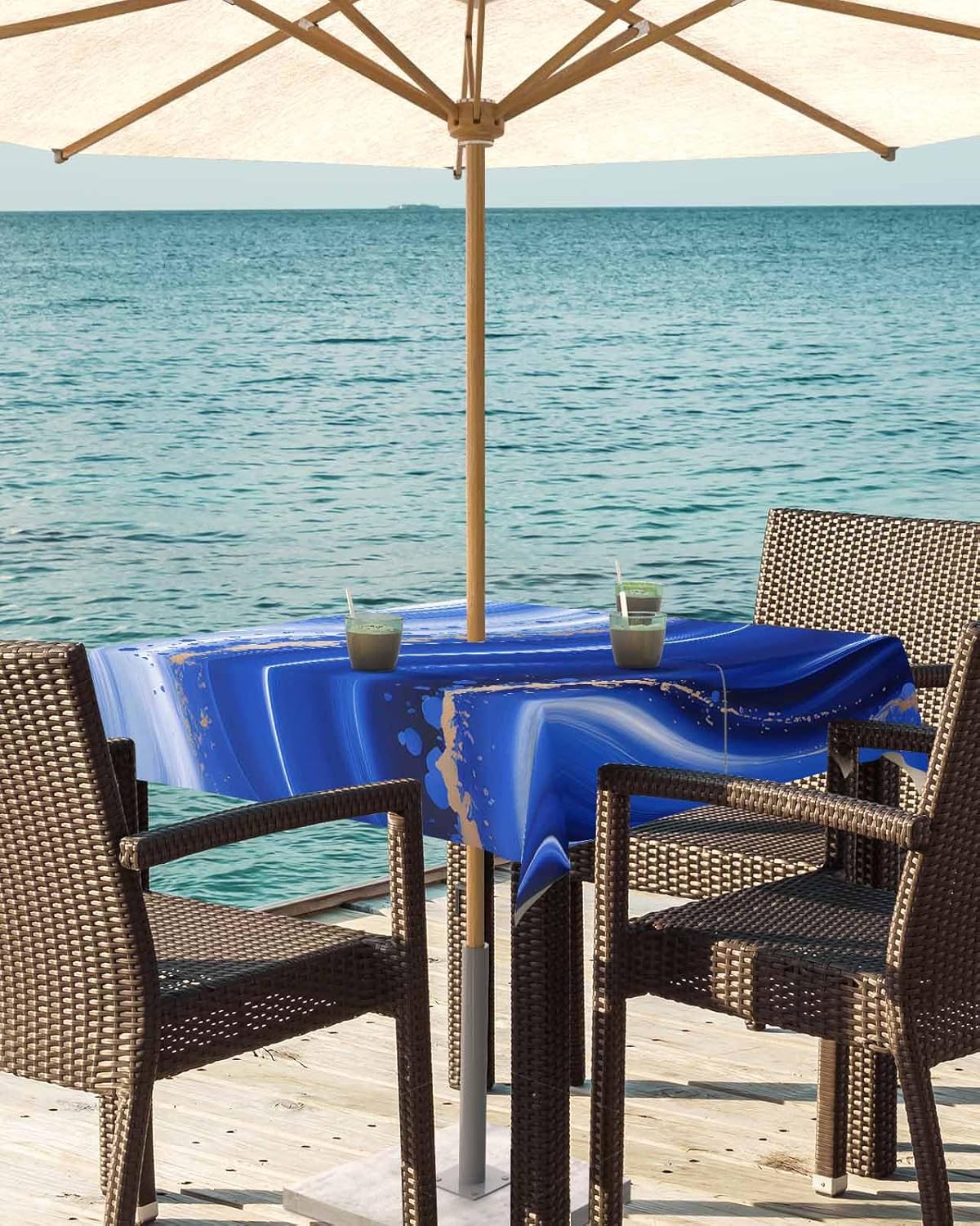 Outdoor Tablecloth with Umbrella Hole and Zipper 60" Square Blue Abstract Wavy Lines Water Repellant Table Cover Tabletop Collection for Party Patio Picnic