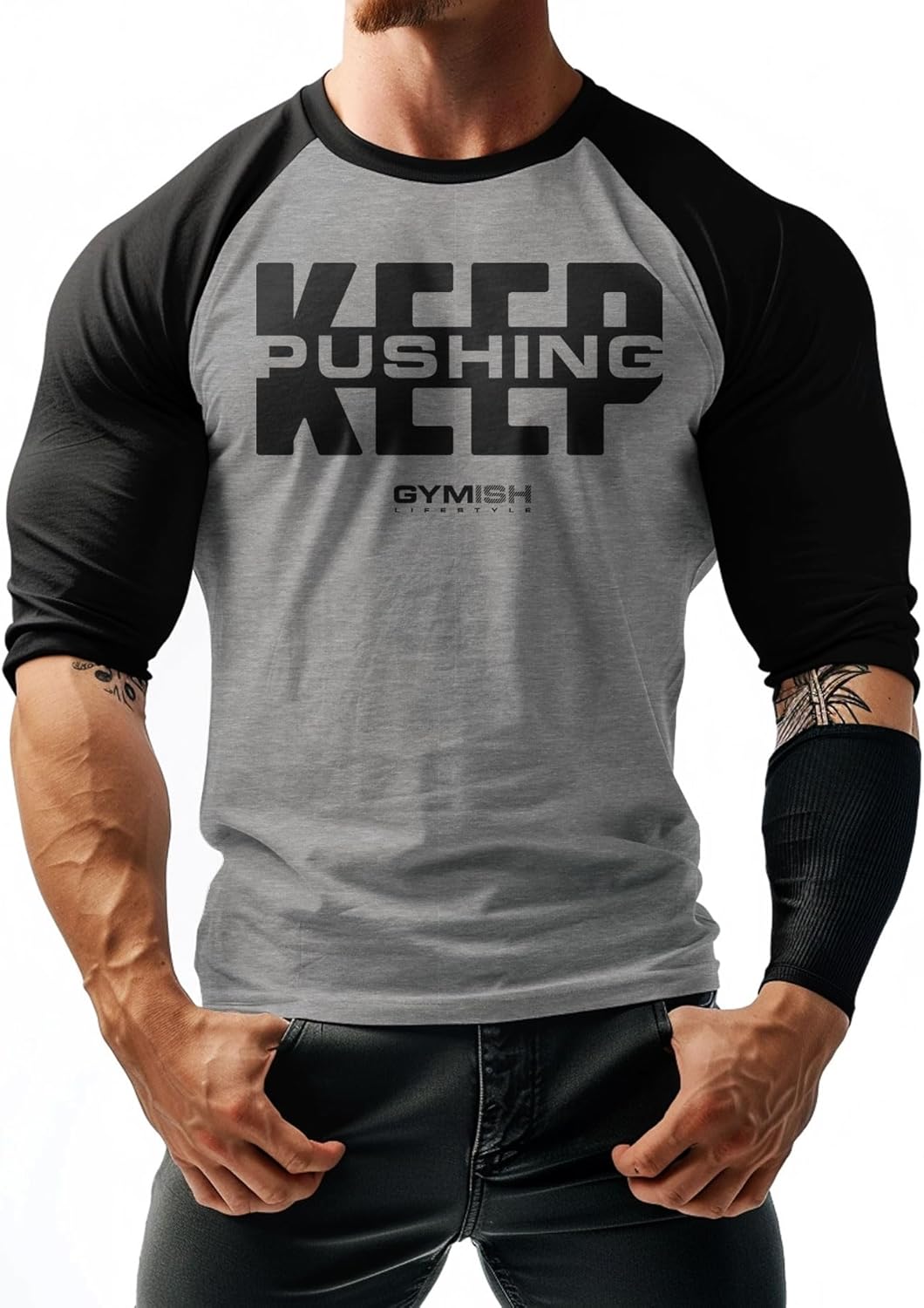 Keep Pushing Inspirational Saying Muscle Fit 3/4 Sleeves Raglan T-Shirt for Men