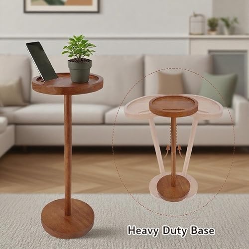 Miniatura 4 de Mesa auxiliar de pedestal de 22 pulgadas con base pesada de pino con soporte para teléfono, mesa auxiliar redonda pequeña para espacios pequeños,