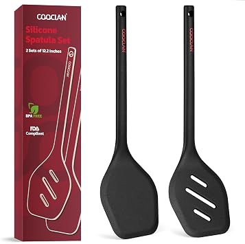 2 Pack Silicone Spatula Set, Solid & Slotted Kitchen Turner, Black