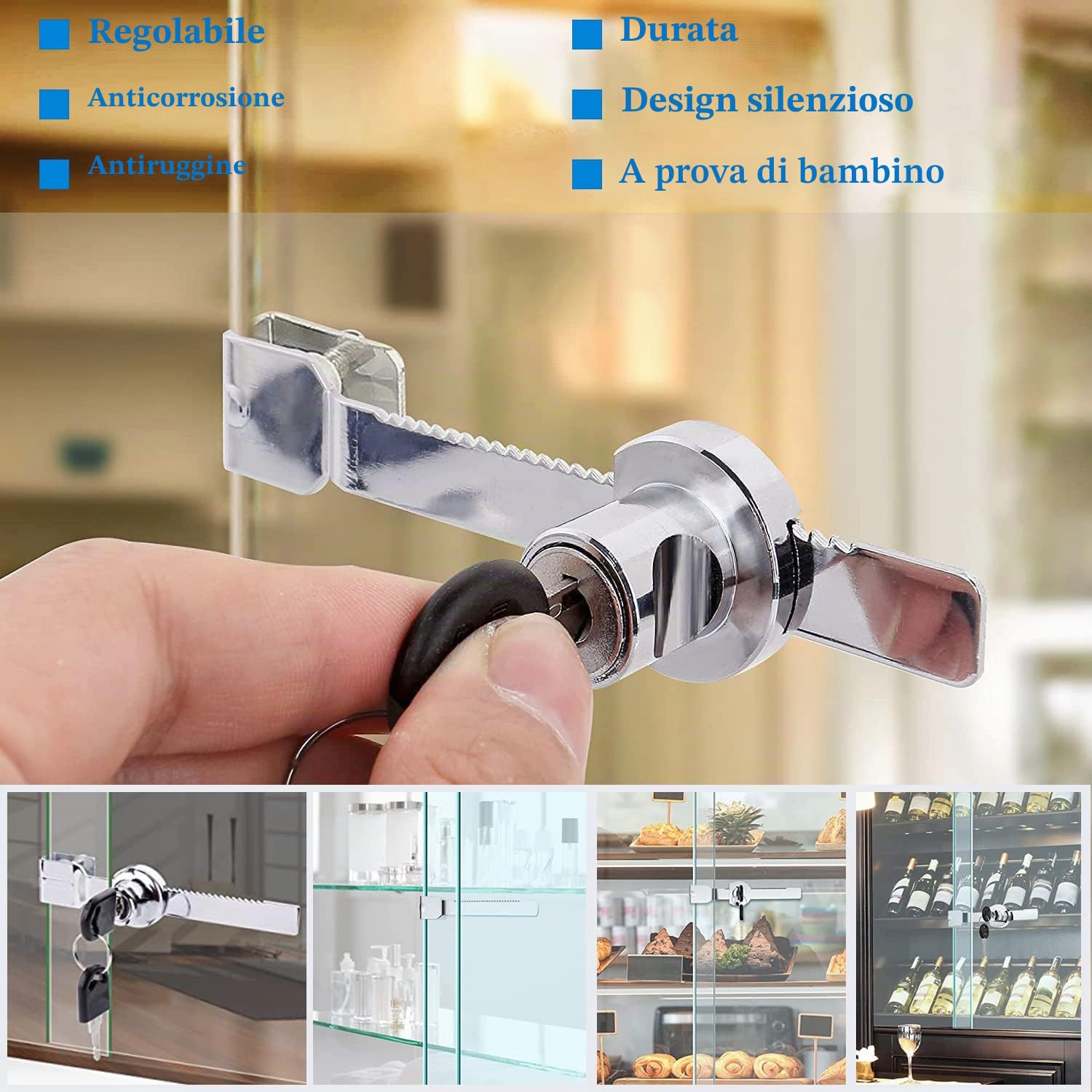 Serrature per seghe a lama scorrevole con chiave, per porte in vetro, rettili, terrari, vetrine, vetrine, armadietti, serrature per porte in vetro, 2 pezzi