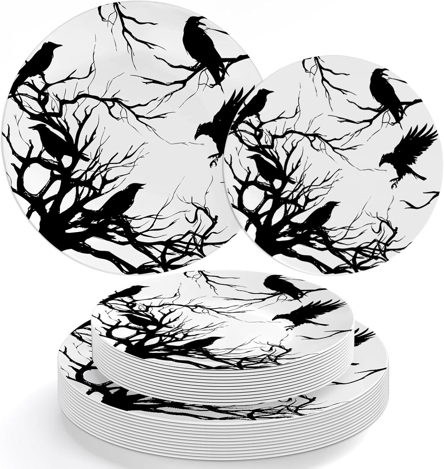 JarThenaAMCS 40Pcs Halloween Plastic Plates Black Silhouette Branch Crow Reusable Plate Spooky Dinner Dessert Plates for Spooky Holiday Party Supplies Table Decor