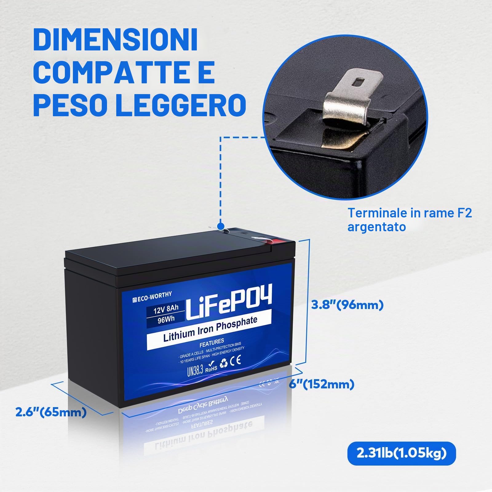 ECO-WORTHY Batteria LiFePO4 12V 8AH, batteria al litio a ciclo profondo con BMS da 8A, con oltre 4000 cicli, per solare, localizzatore di pesci, ruote di potenza, illuminazione, sistema di allarme