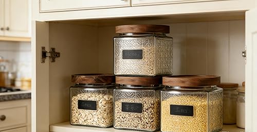 Miniatura 3 de NUTRIUPS Tarros de vidrio con tapas de madera, tarros cuadrados con tapas, juego de 2 tarros de vidrio vintage (ventana de rejilla, cuadrados)