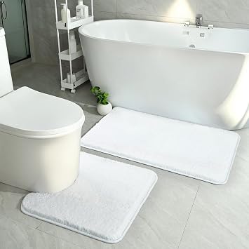 White Bathroom Rug Set 2 Piece Bath Mat 21x34 &U Shape Toilet Rug 21x21
