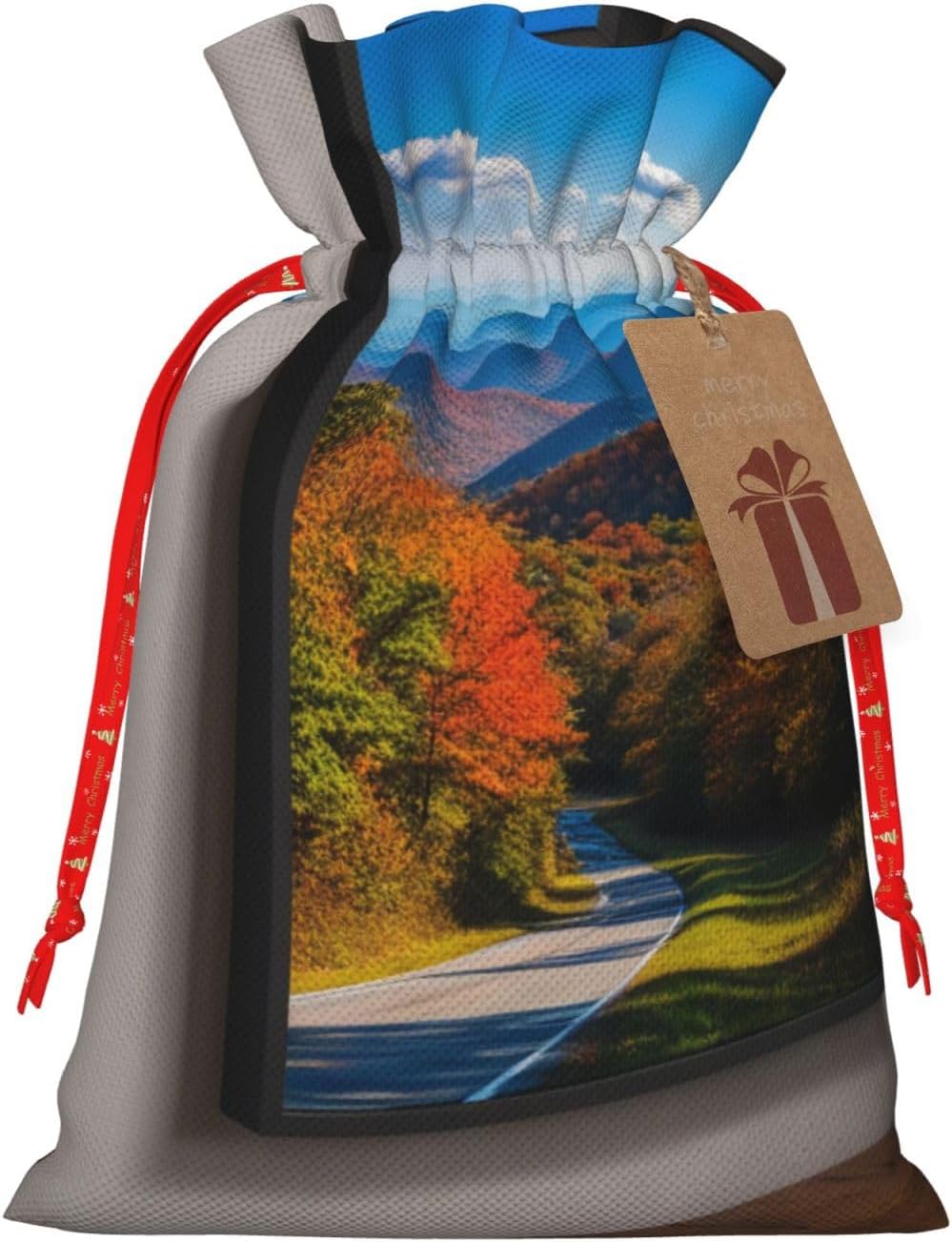 Christmas Drawstring Gift Bag with MountainsPrint,Reusable Gift Bags with Kraft Paper Tags Medium Size