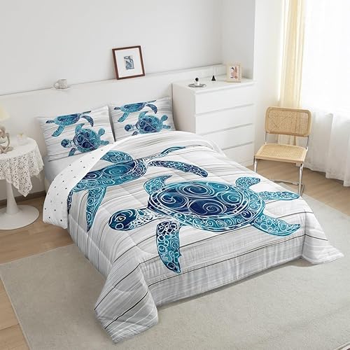 Miniatura 9 de Erosebridal Juego de edredón con estampado de pulpo, juego de ropa de cama con temática de océano, juego de edredón bohemio con mandala azul coral,