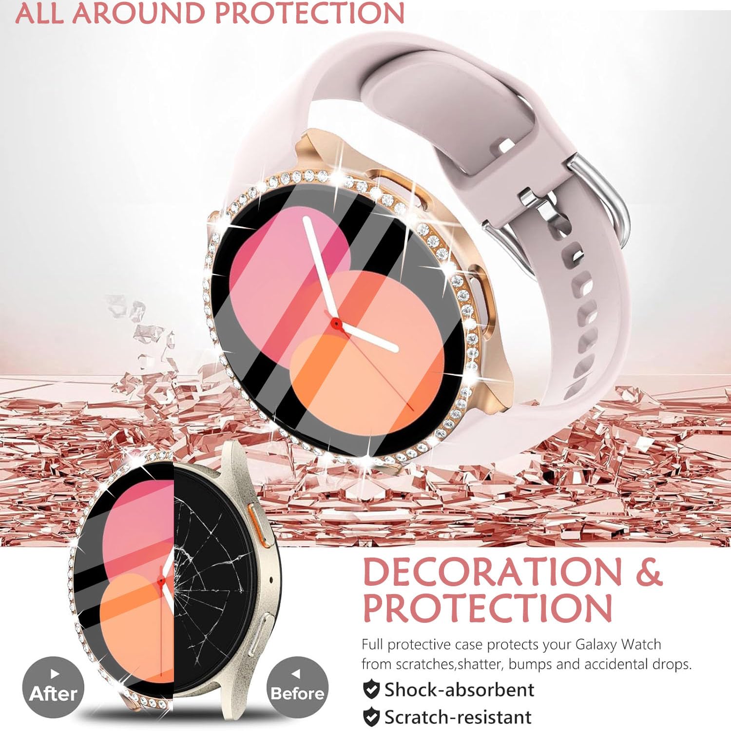 DEALELE [2-PACK] Case Compatible with Samsung Galaxy Watch 5/4 44mm, Bling Single-Row Diamond PC Protective Case Replacement Watch Cover Bumper (44mm, Gold+Transparent) — view 93