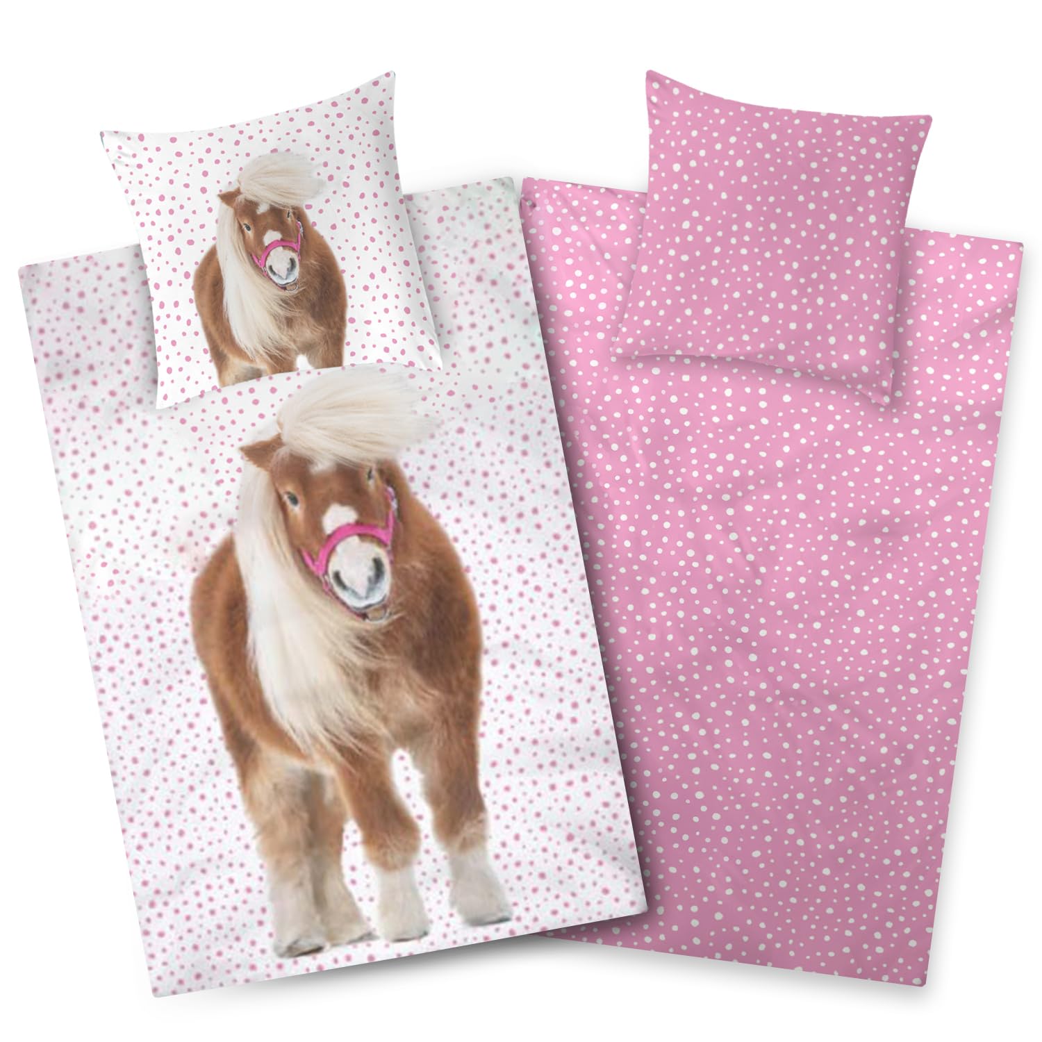 Aminata kids Bettwäsche 135x200 Mädchen Pferd Biber 100% Baumwolle Pferde-Motiv, Reißverschluss warm & kuschelig, Winter-Bettwäsche-Set - Wendebettwäsche Pony