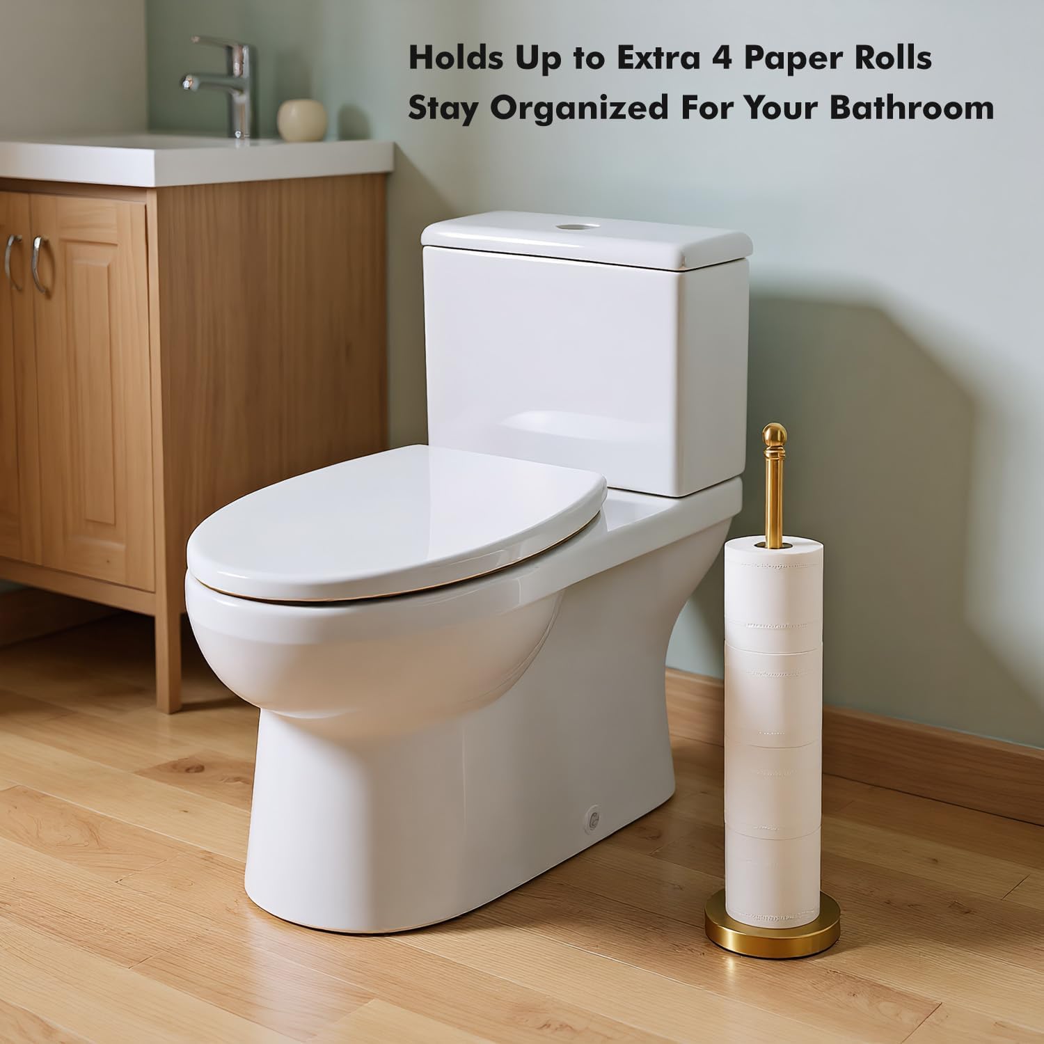 Toilet Paper Holder Stand Holding Up to 5 Paper Rolls, Free-Standing Spare Rolls Storage Holder, Stainless Steel (Brushed Gold) - Image 6