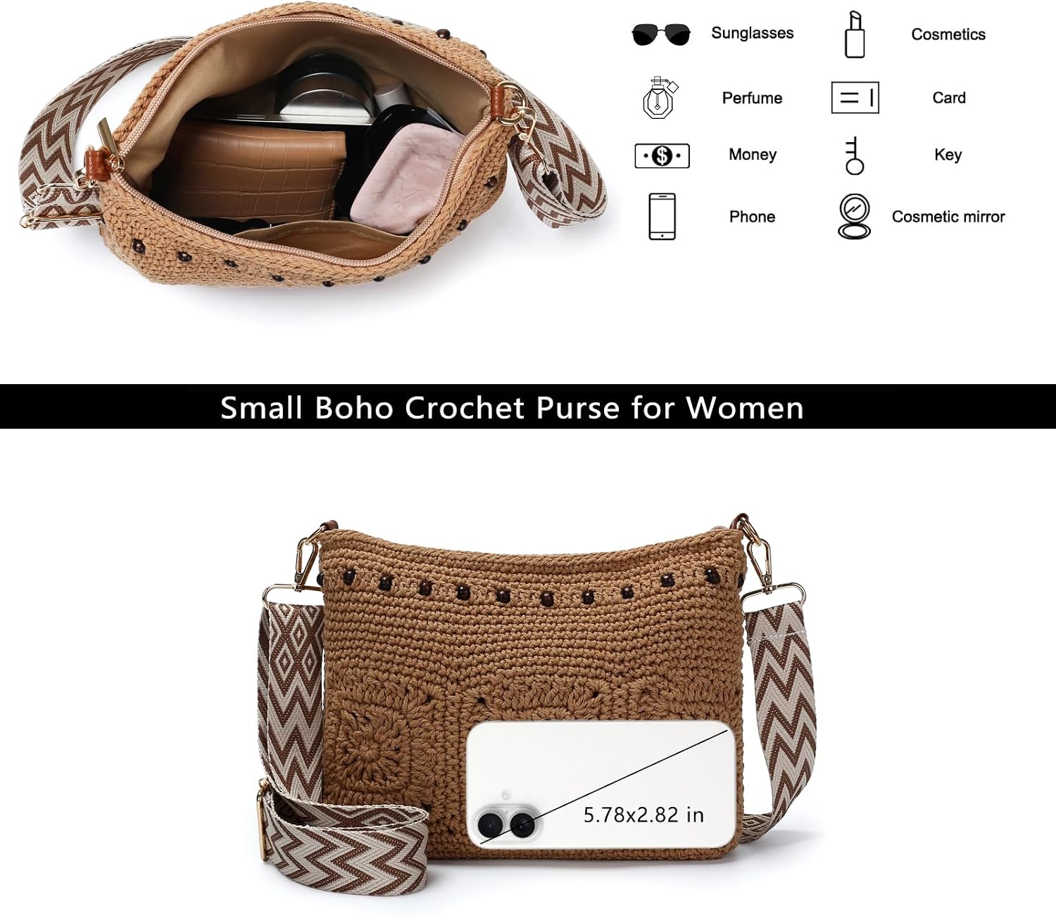 Small Boho Crochet Purse for Women Slouchy Beach Handwoven Crossbody Bags Vacation Shoulder Bag Purse