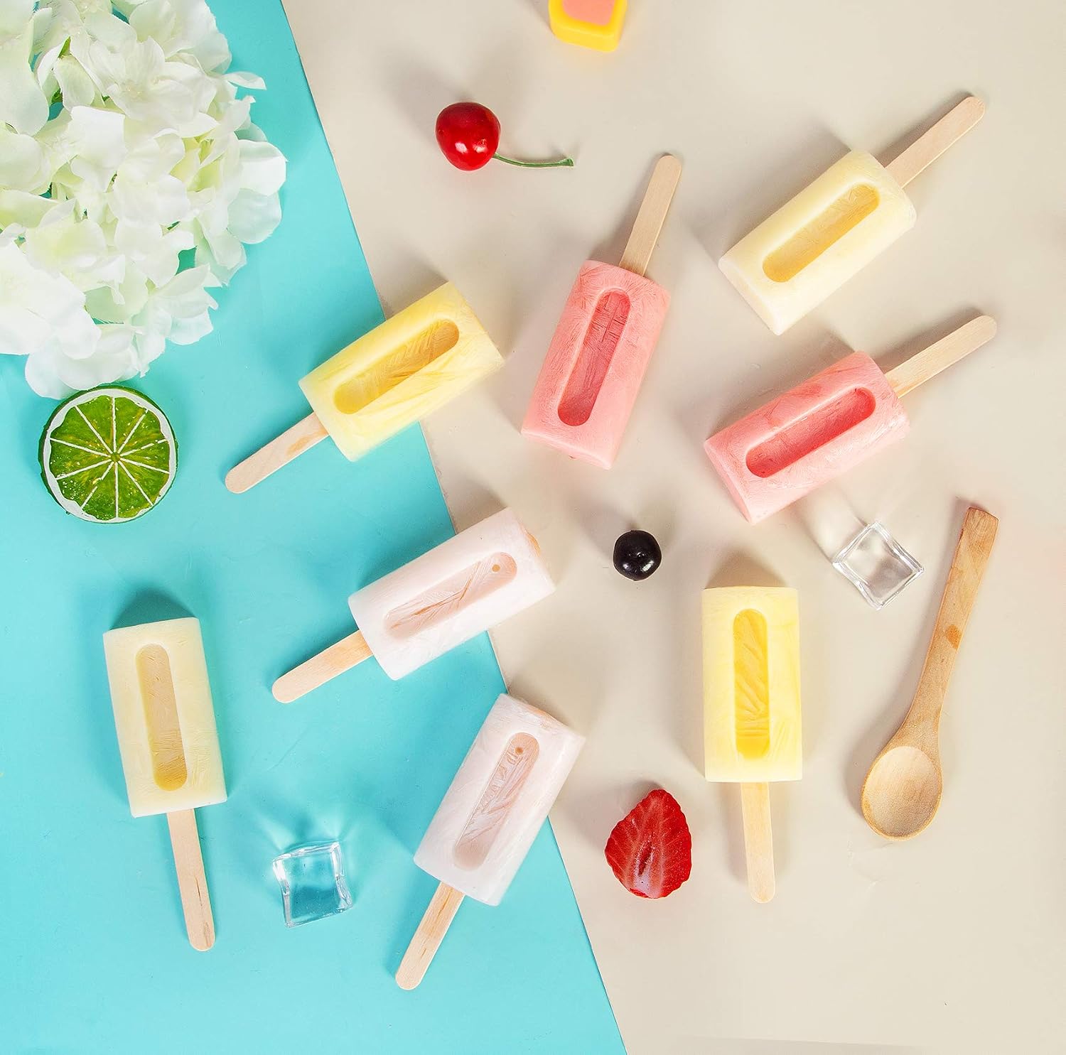 Ozera 2 Pack Popsicle Molds, Homemade Silicone Ice Cake Pop Molds Square 4 Cavities White, Cakesicle Baking Molds with 50 Wooden Sticks, 50 Popsicle Bags & 50 Sealing Lines (Red)