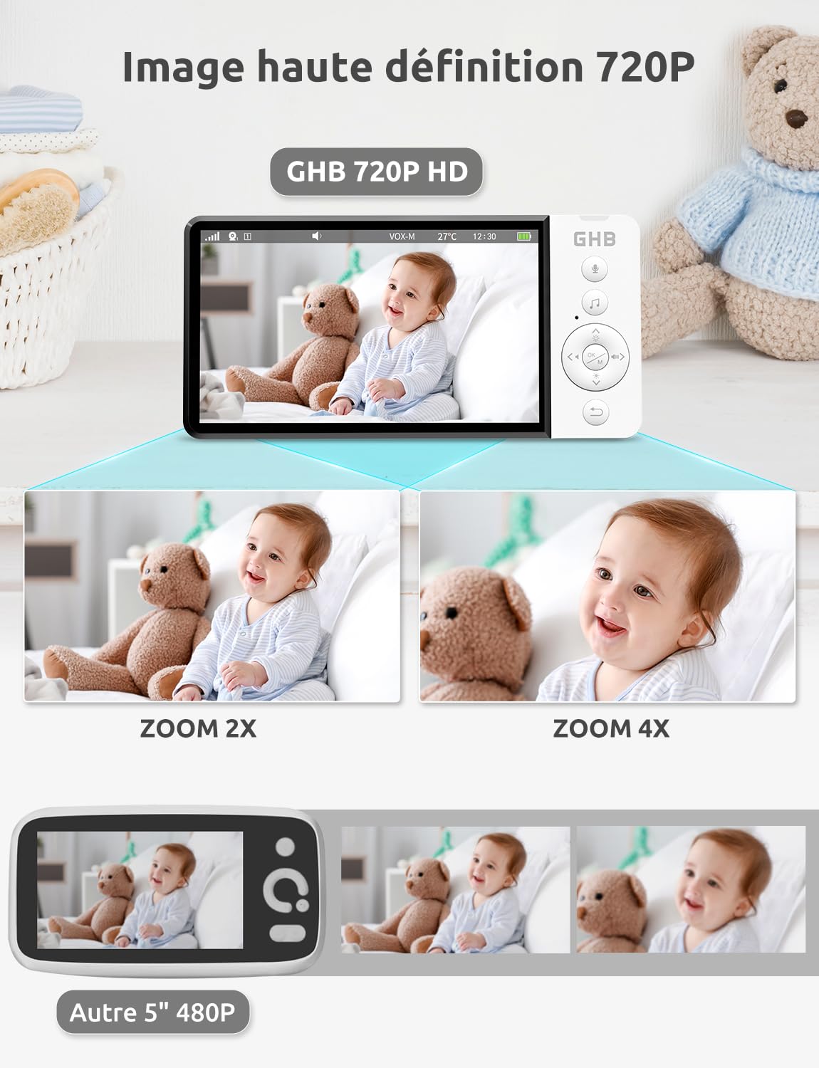 GHB Babyphone Camera 5" sans WiFi Capteur de Température Vision Nocturne
