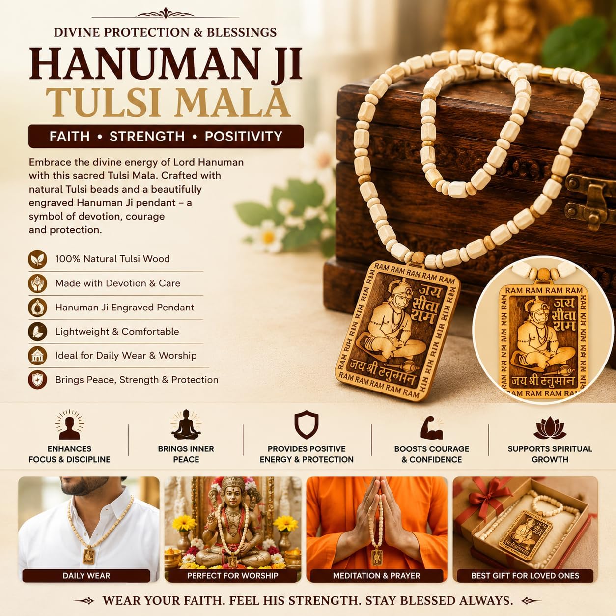 BRIJ HAAT Wooden Handmade Carving Indian Lord Hanuman ji mondey Locket/pendant with Kanthi Mala Indian religious jewellery