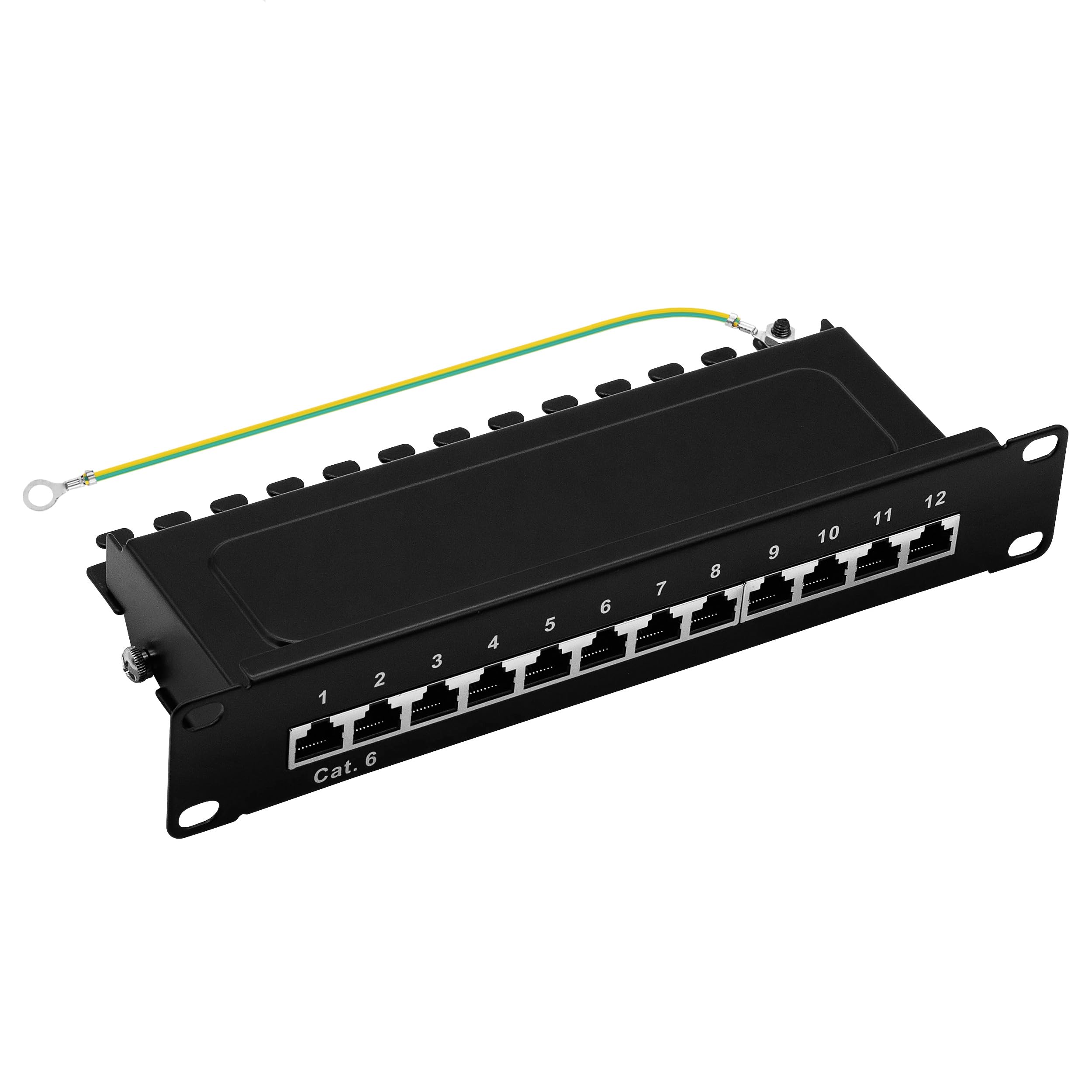 Patchpanel 10 Zoll 12 Port Cat.6 RJ45 geschirmt 1HE schwarz | Verteilerfeld, Rackeinbau, Für cat5e, cat6, cat6a, cat7, cat8, Module