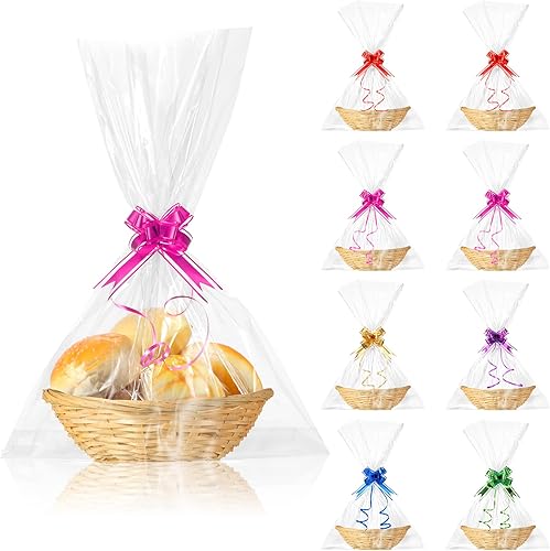 Yulejo 8 cestas vacías para regalos, cesta de pan tejida ovalada de 9 x 7 x 3 pulgadas, 12 lazos coloridos, 12 bolsas de regalo para alimentos,