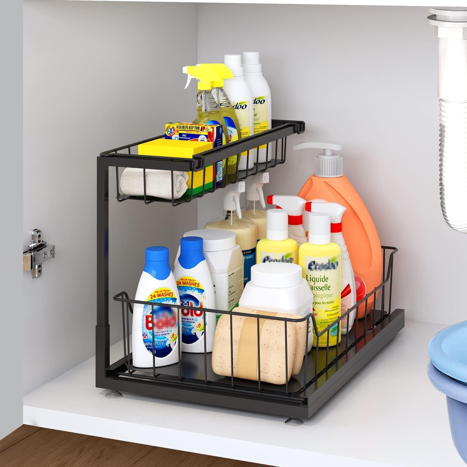 Under Sink Organizer,2-Tier Sliding Shelf Storage, Adjustable Height Metal Organizer for Under Kitchen and Bathroom Cabinets - Versatile Multi-Use Solution for Seamless Organization