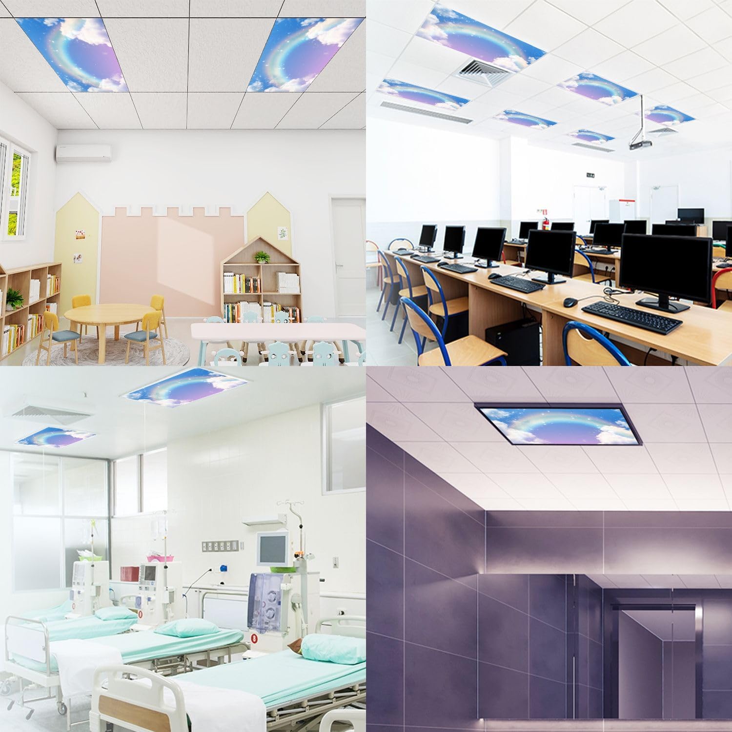 Fluorescent Light Covers for Ceiling Lights Rainbow Cloudy Sky Easy to Install Magnetic Light Filter for Classroom Office Hospitals School Home Decor