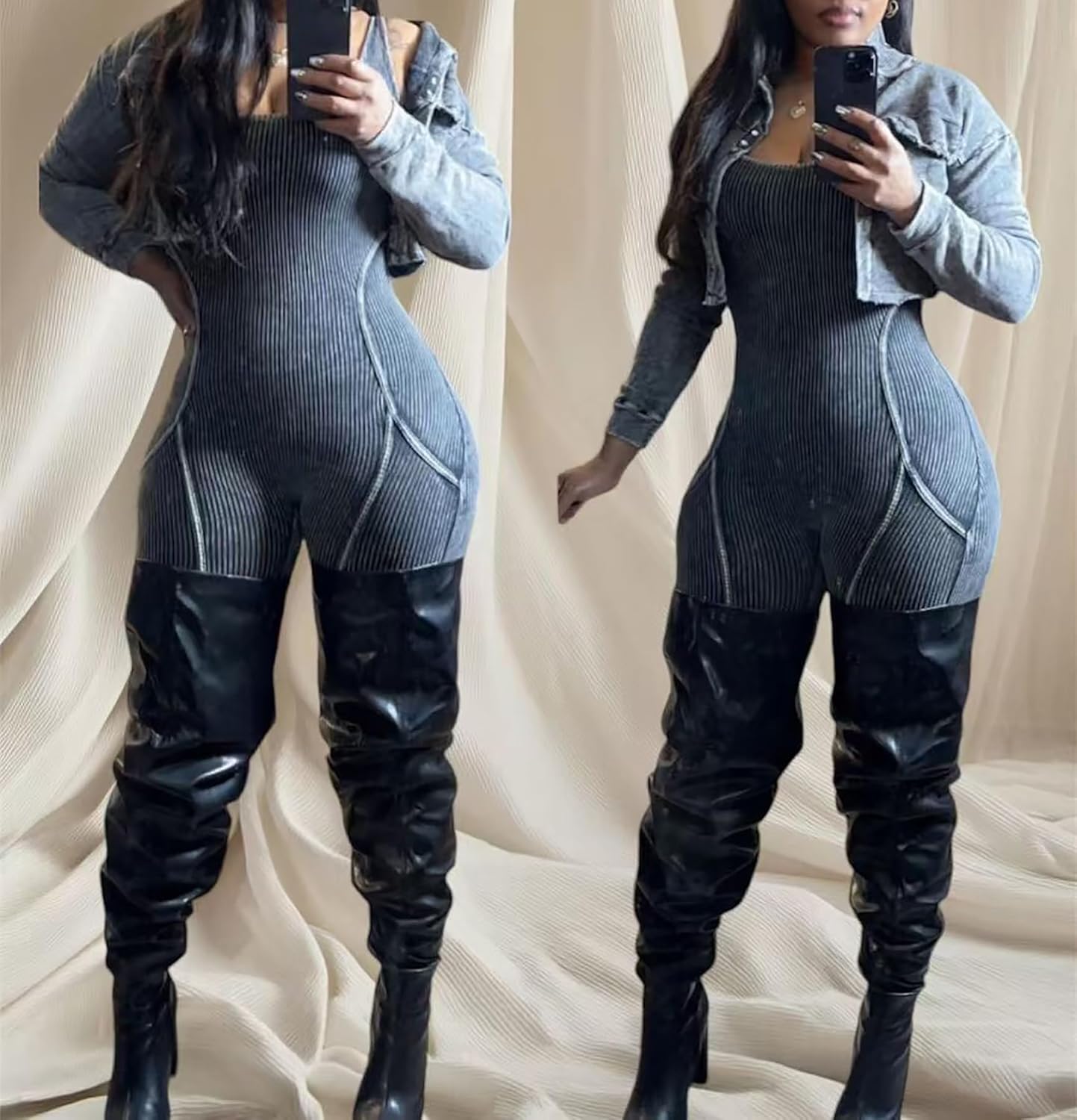 LAJIOJIO Bodycon 2 Piece Sets for Women,Long Sleeve Cropped Jackets and Ribbed Jumpsuit Party Outfits - Image 3