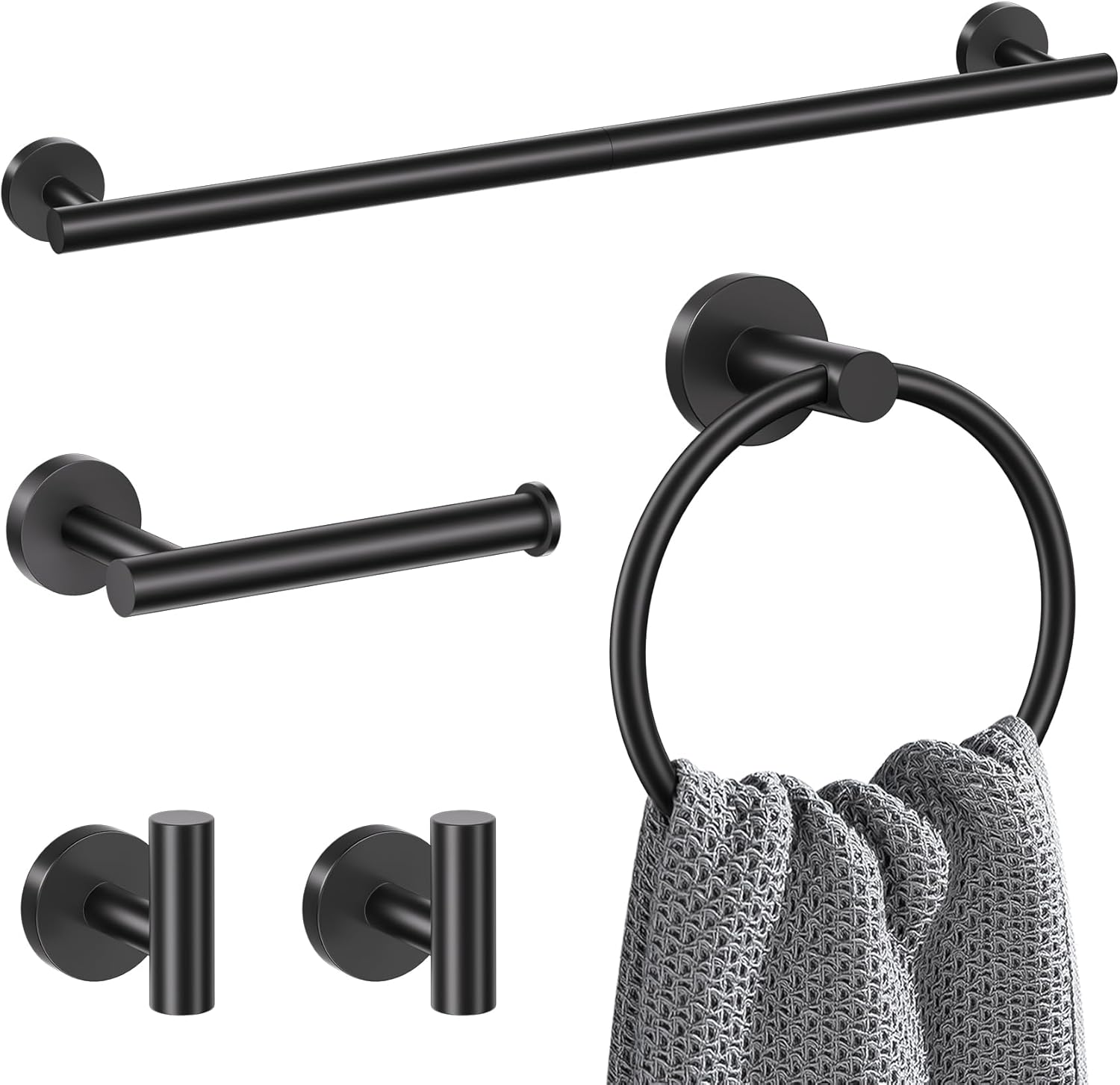 Lairuier 5 Pieces Matte Black Bathroom Accessories Set, 23.6 Inch Bath Towel Bar Set, SUS304 Stainless Steel Bathroom Hardware Set Round Toilet Paper Holder Set Wall Mounted