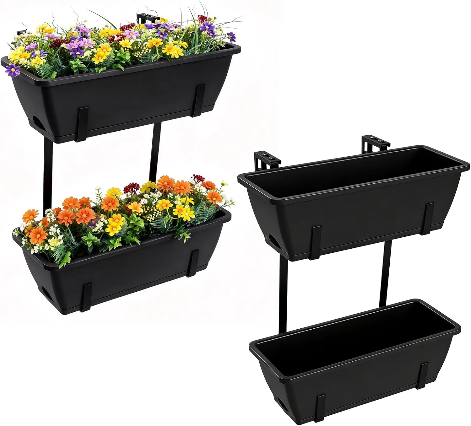 Rectangle Planters Box, 4 Pack Deck Hanging Planters for Railings, Window Box Planter with Drainage Holes & Trays, 16.9 Inch Balcony Planters Railing Hanging with Metal Brackets, Black Green (Black)