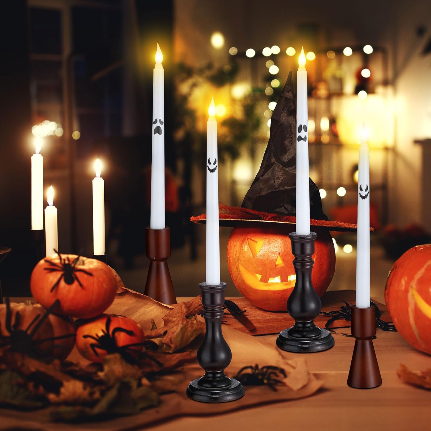 Glooglitter 12 Pcs Halloween Ghost Flameless Taper Candles 10.24'' LED Battery Operated with Remote and Timer, White Spooky Ghost Candle Real Wax for Halloween Party Indoor Table Fireplace Decoration