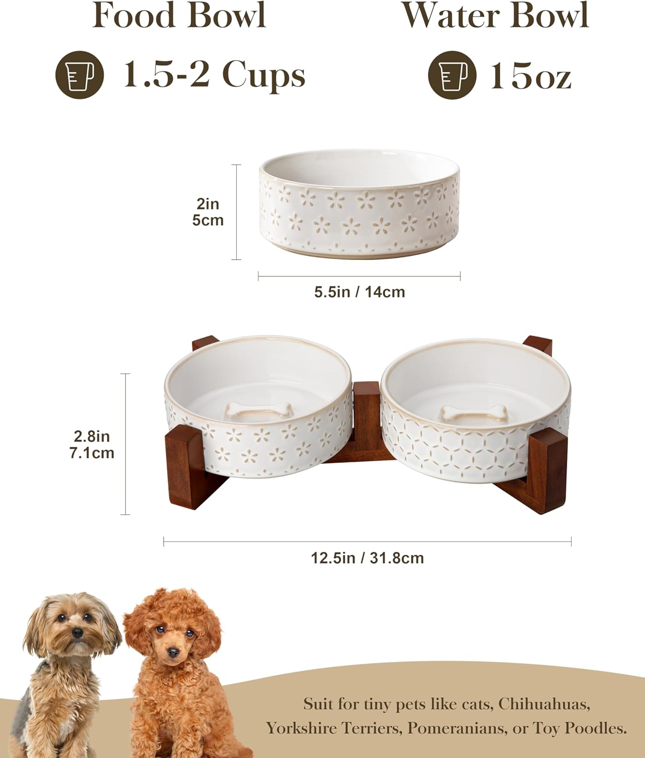 MALACASA Dog Bowl Set with Walnut Wood Stand, 1.5 Cups Ceramic Pet Bowls for Puppy Dogs, Dual Food and Water Bowls with Non-Slip Base, Basic Bowls for Your Dog or Cat, Five-Leaf Grass & Honeycomb - Image 2