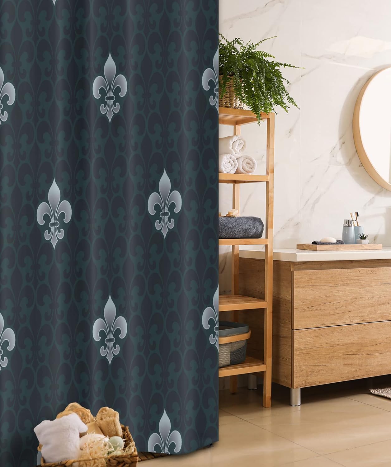 Ambesonne Fleur De Lis Stall Shower Curtain, Antique Pattern Royal Arms of France Symbolic Art Print, Fabric Bathroom Decor Set with Hooks, 36" W x 72" L, Petrol Blue