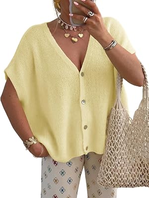Saodimallsu Womens Spring Oversized Cardigans Batwing Short Sleeve Lightweight Button V Neck Casual Knit Sweater Tops
