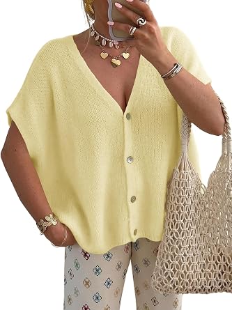 Saodimallsu Womens Summer Oversized Cardigans Batwing Short Sleeve Lightweight Button V Neck Casual Knit Sweater Tops