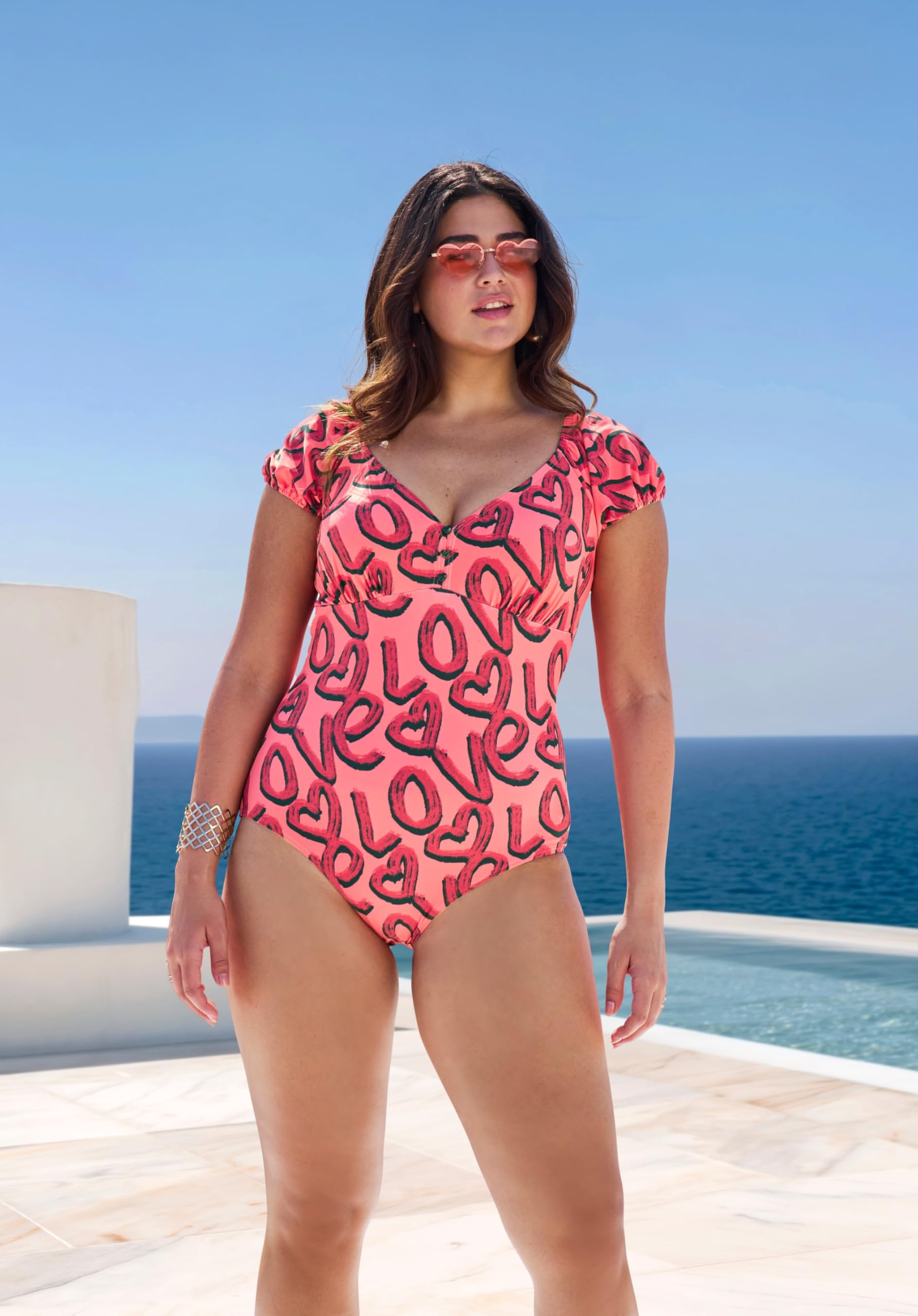 Ulla Popken Badeanzug Isabella, Puffärmel, Love Traje de baño de una Sola Pieza Mujer (Pack de 1)