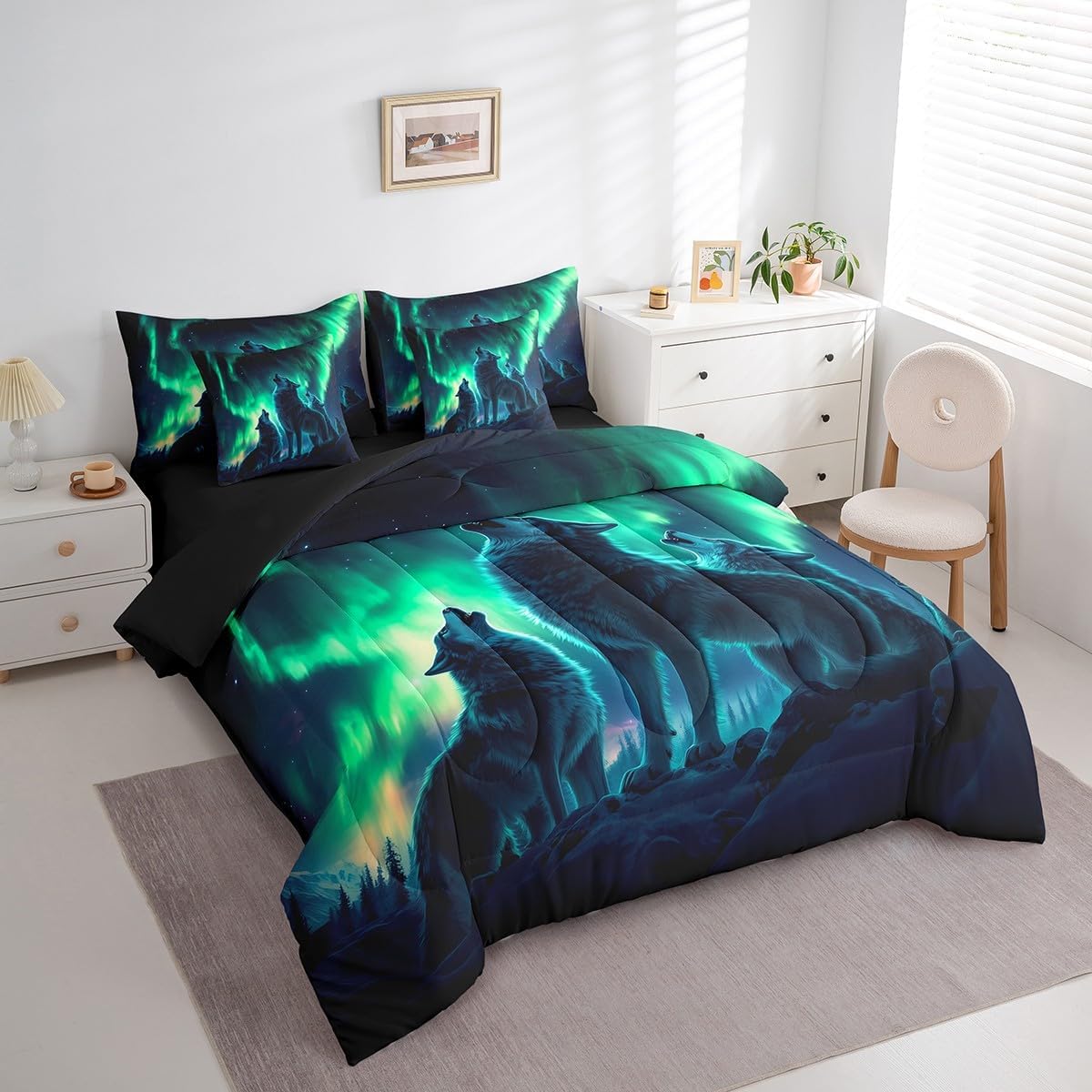 Erosebridal Wolf Bedding Twin Size 7pcs Bed in a Bag, Roaring Wolves Wildlife Soft Kids Boys Comforter Set, Aurora Animals Galaxy Printed Bedding Comforter Sets, Black Green Mountains Bed Sheets Set