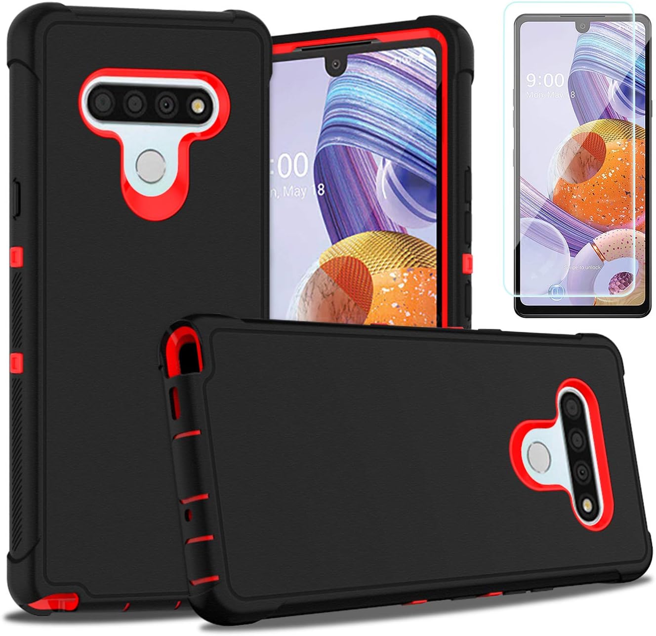PhuLok Compatible with LG Stylo 6 Case with HD Screen Protector, Heavy Duty Armor Dual Layer Full Body Protective Shockproof Sports Anti-Scratches Non-Slip Bumper Rugged(Black/Red)