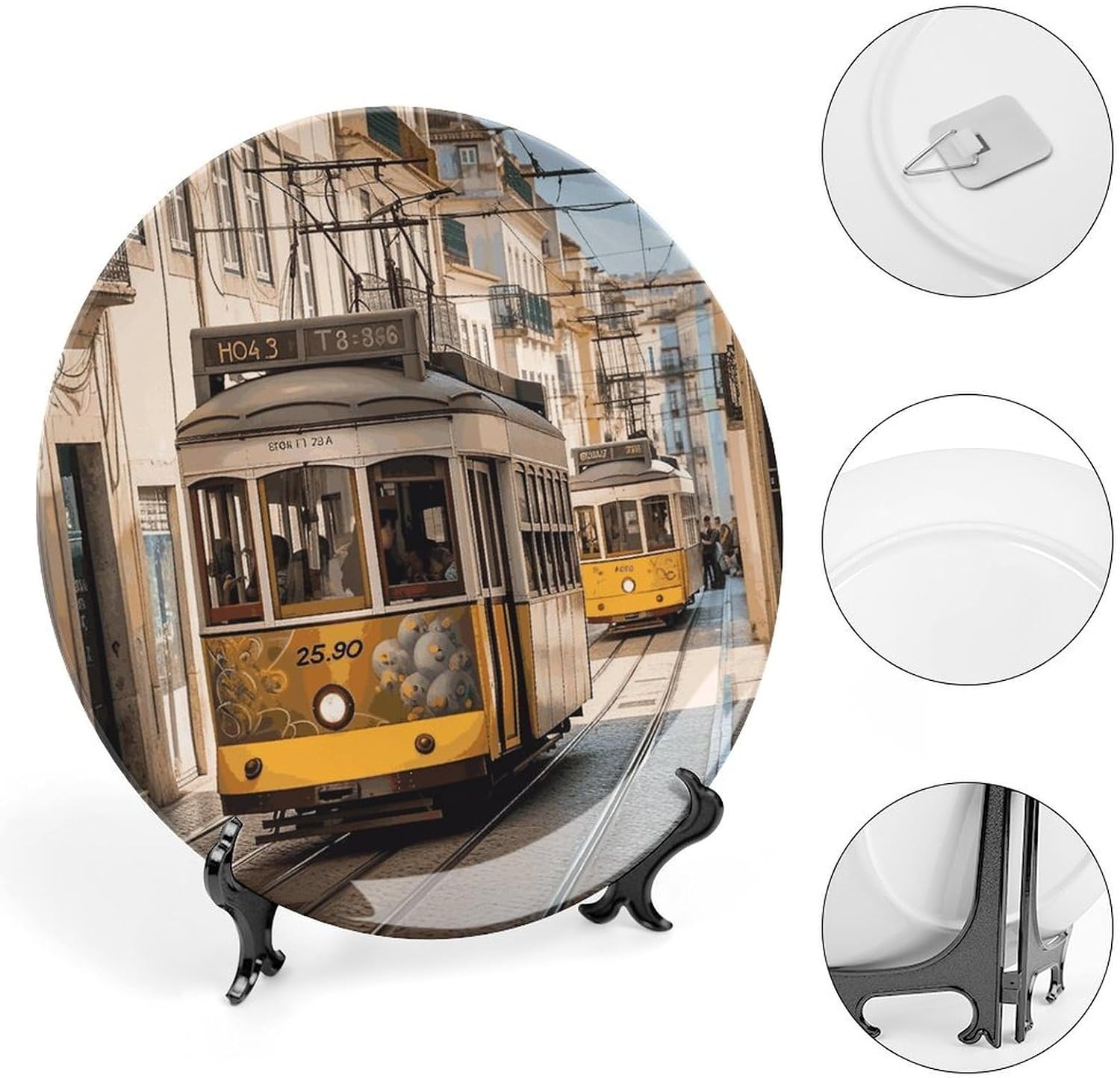 Lisbon Tram Decorative Ceramic Plate Round Porcelain Plate Decor Personalized Bone China Decorative Plates Ceramic Ornaments Dessert Plates with Display Stand 10inch