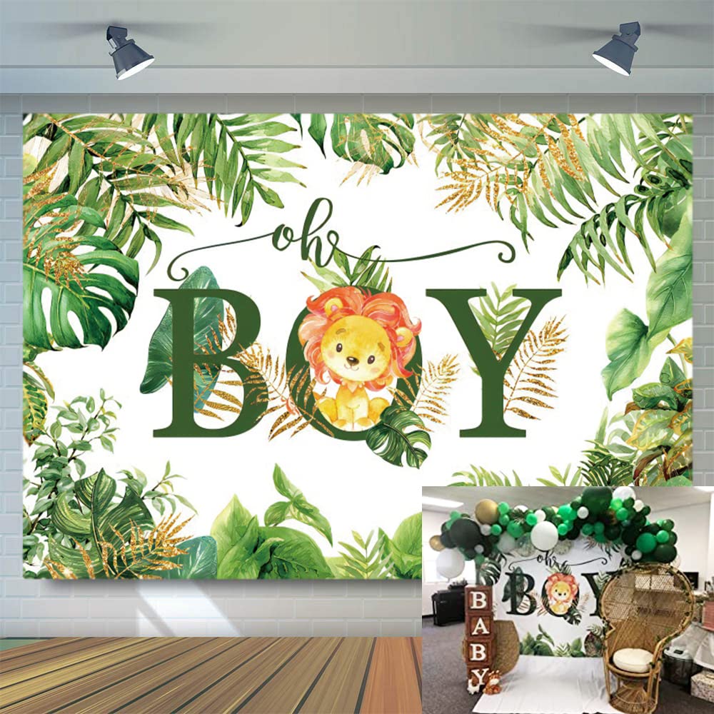 OFILA 8x6ft Jungle Safari Theme Baby Shower Backdrop Oh Boy Forest Animals Green Leaves Cartoon Lion Background Spring Baby Shower Cake Table