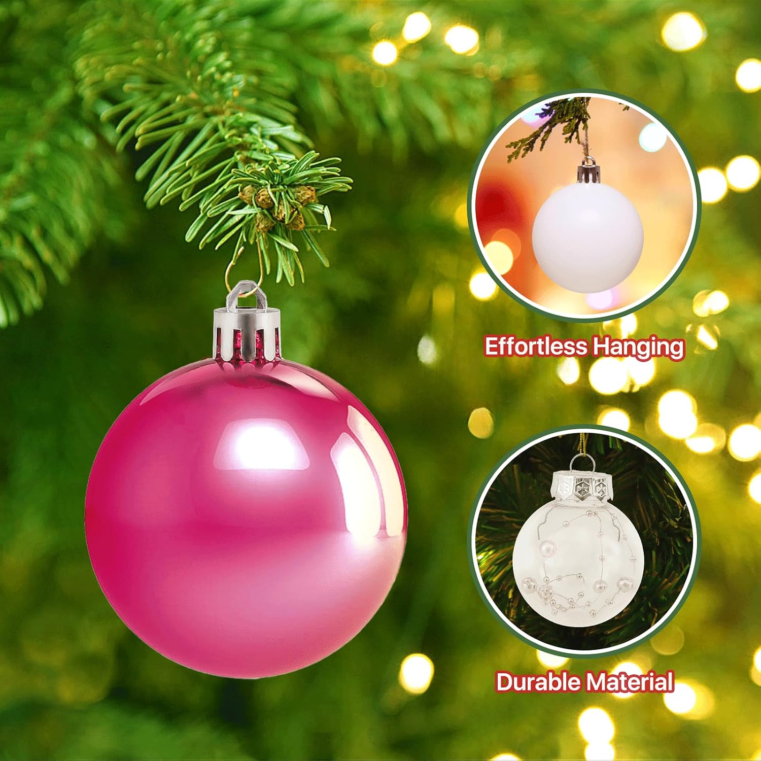 MoNiBloom 30ct Large Christmas Ball Ornaments for Xmas Tree Plastic Hanging Decoration, 2.5 Inch Decorative Shatterproof Bauble Glitter Decor Set for Indoor Home Holiday Party, 5 Style, Pink and White